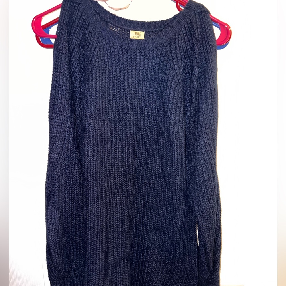 Open shoulder navy sweater